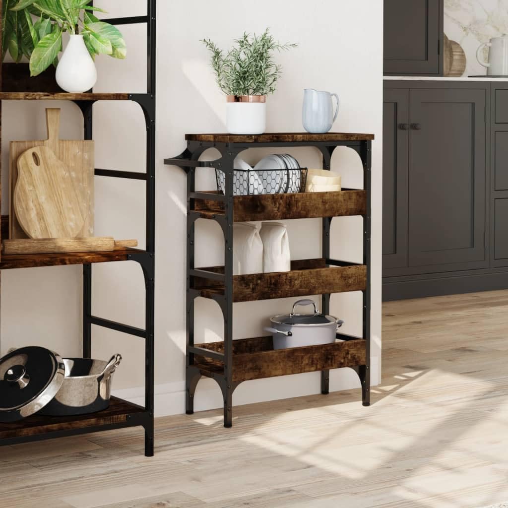 Carro de cocina de roble ahumado, 53 x 20 x 76 cm, carrito de servicio estrecho con ruedas de madera y acero, carrito vintage para cocina, baño y salón, carrito auxiliar con toallero