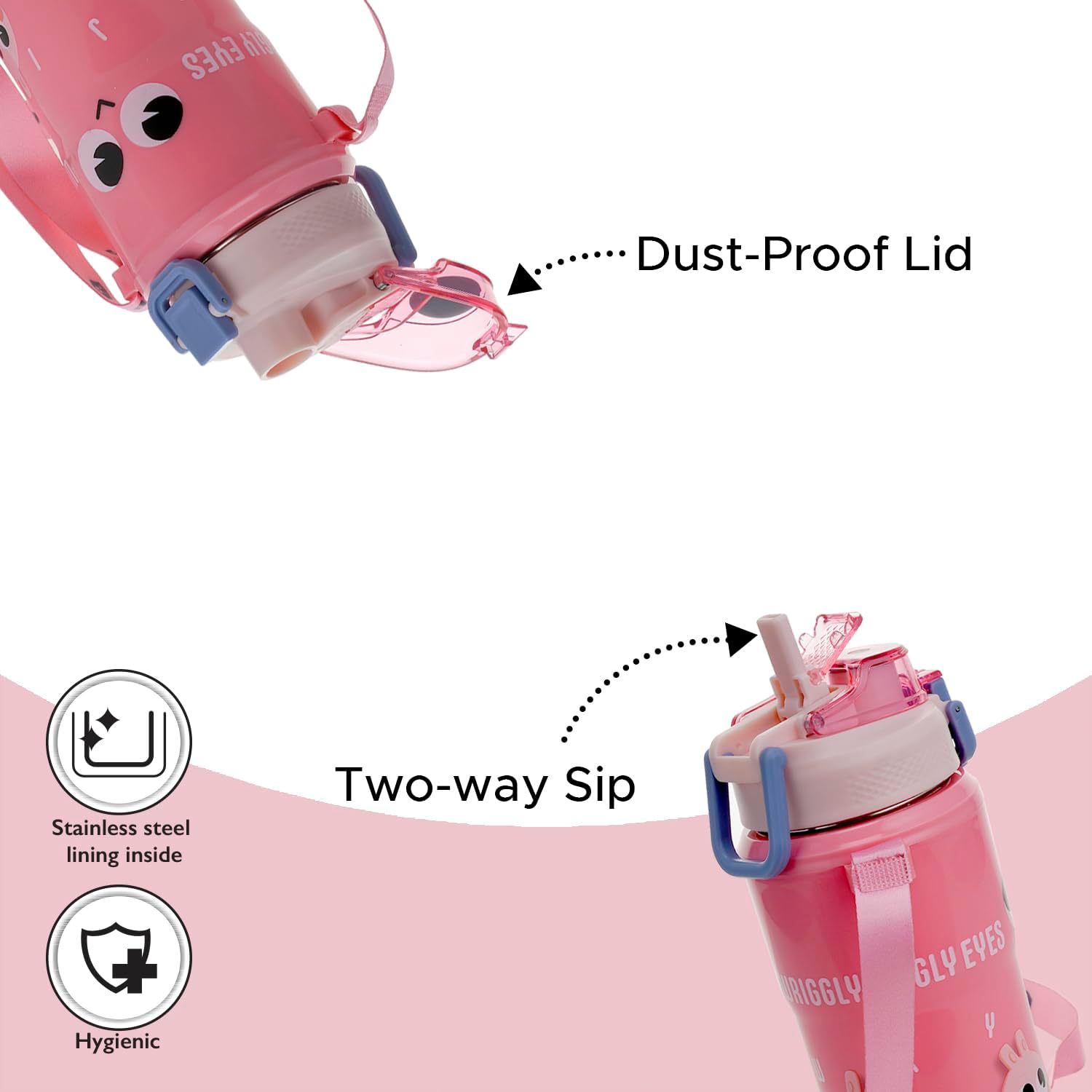 Nayasa Duo-Sip Insulated Kids Water Bottle 450ml | BPA-Free, Food Grade | Cute Bunny Print | Dual Sipping Modes | Leakproof with Strap, Handle & Neck Band - Pink