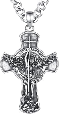 INFUSEU St Michael Pendant for Men the Archangel Saint Michael Cross Necklace Big Large San Miguel Arcangel Women 925 Sterling Silver Catholic Christian Gifts Religious Jewelry Spiritual Present