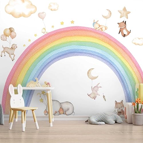 Miniatura 6 de funlife Adhesivos murales de pared grandes de arco iris para despegar y pegar, calcomanías de pared de animales, elefantes, estrellas, nubes,