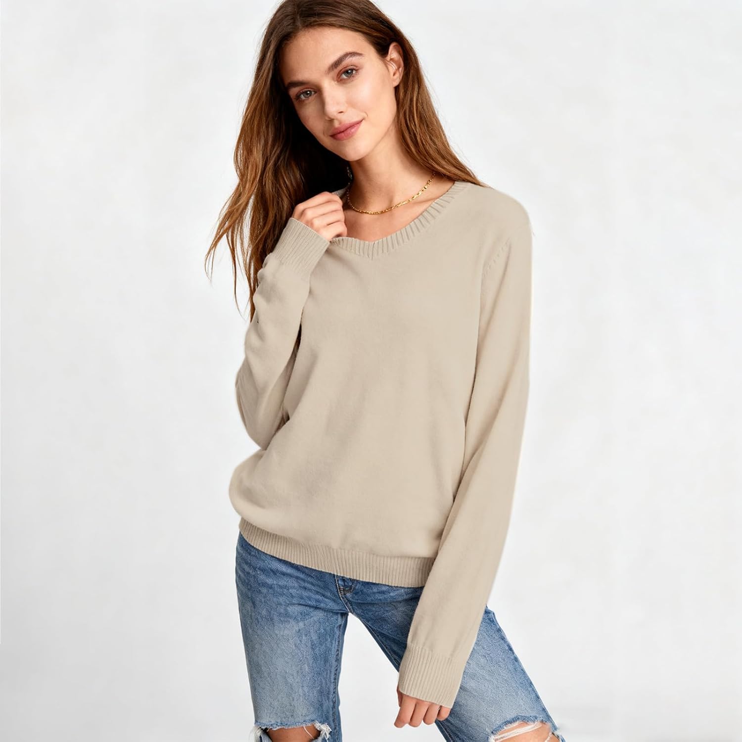 SANGTREE Women's V-Neck Sweater Soft Warm Stylish Knit Pullover for Fall Winter Elegant Long Sleeve Sweater Top - Image 3