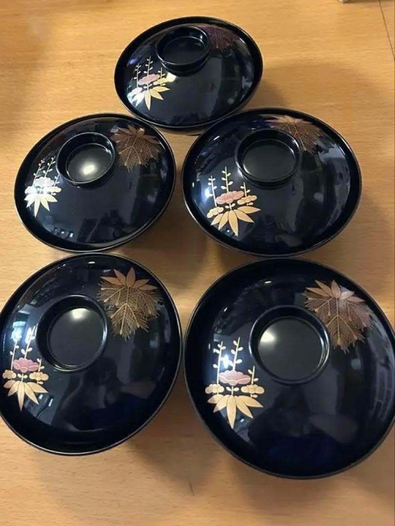 蓋付き汁椀 漆器 5個セット 黒 黒い蓋つき煮物椀 5個セット 赤い蓋つき