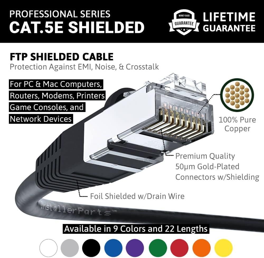 Lowest Price InstallerParts Ethernet Cable CAT5E Cable Shielded (FTP) Booted 200 FT - Black - Professional Series - 1Gigabit/Sec Network/Internet Cable, 350MHZ
