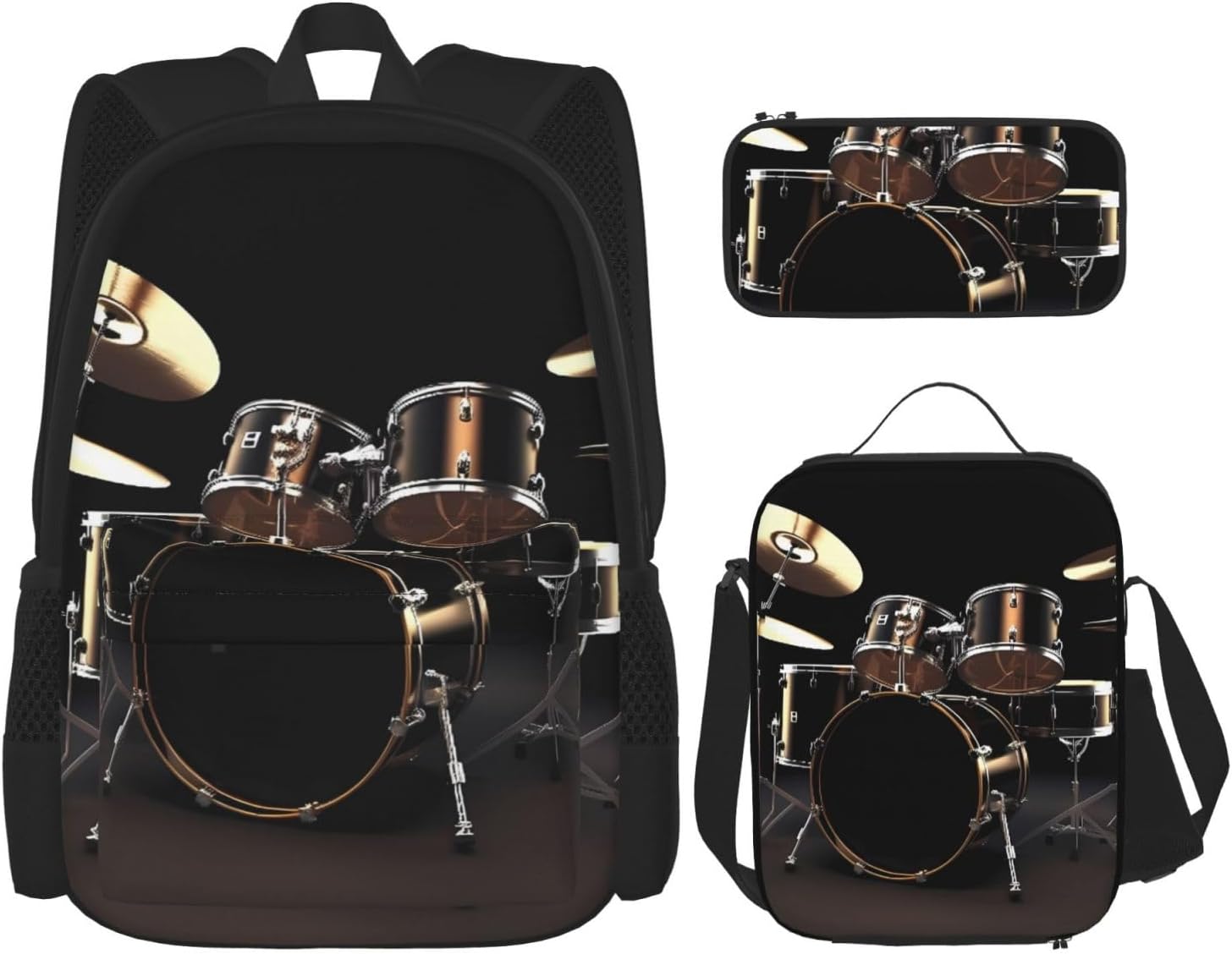 OUSIKA 3 Pcs Cool Drum Set Print Backpack Sets Casual Daypack with Lunch Box Pencil Case for Women Men, Black, One Size, Rucksack Backpacks