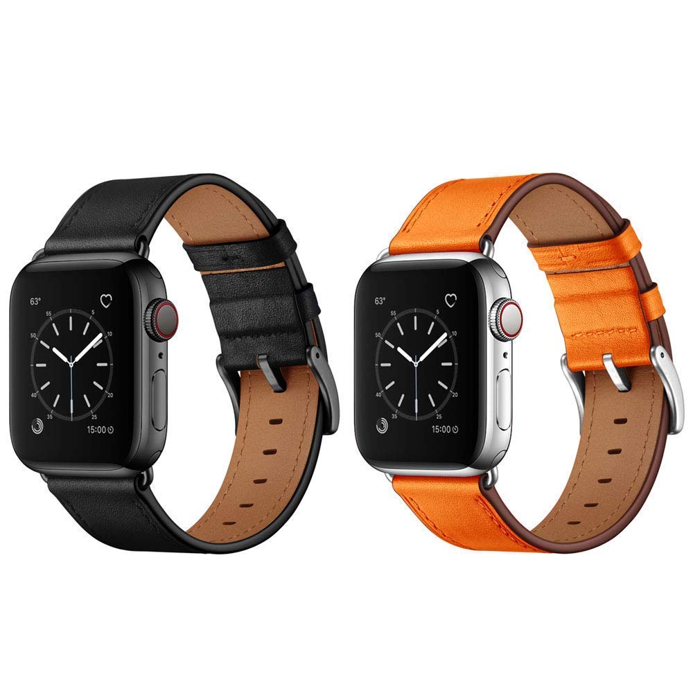 OUHENGCompatible with Apple Watch Band Genuine Leather Replacement Strap 41mm 40mm 38mm Black & Orange