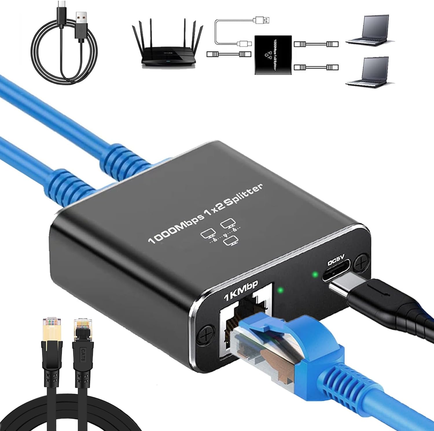 Ethernet Splitter 1 to 2 with 1.5Ft Cat 8 Ethernet Cable, 1000Mbps Internet Splitter High Speed with USB Power Cable, Gigabit LAN Splitter for Cat5/5e/6/7/8 Cable(2 Devices Simultaneously Networking) 1 to 2 with cat8