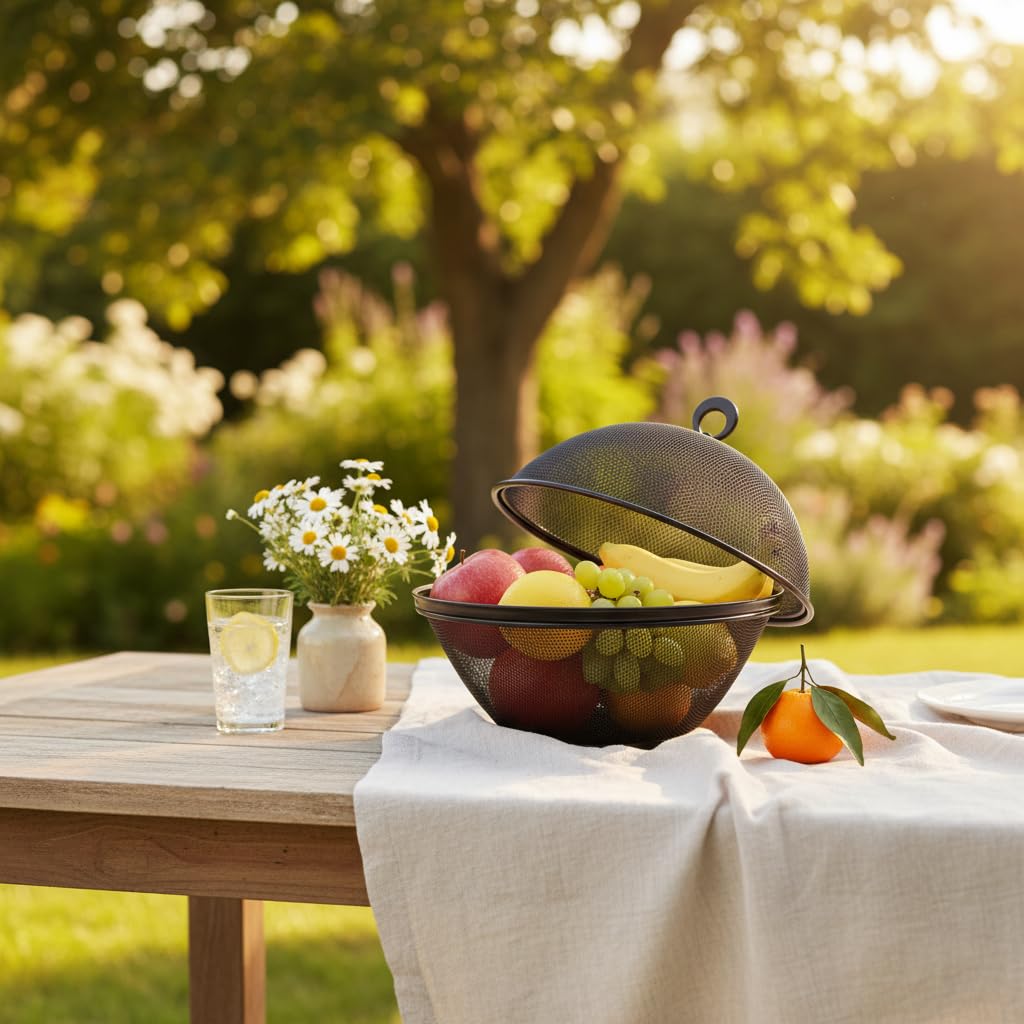 Lot de 2 Paniers à Fruits avec Couvercle - Corbeille à Fruits Anti Moucherons en Métal Maille - Panier de Rangement Ventilé pour Cuisine, Comptoir, Fruits et Légumes (Noir)