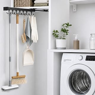Pull Out Broom Holder With Adjustable Double Row Sliding Hook, Multifunctional Slide Broom And Mop Storage/Organizer Garage Organization Hooks, for Closet Laundry - /16.14inch