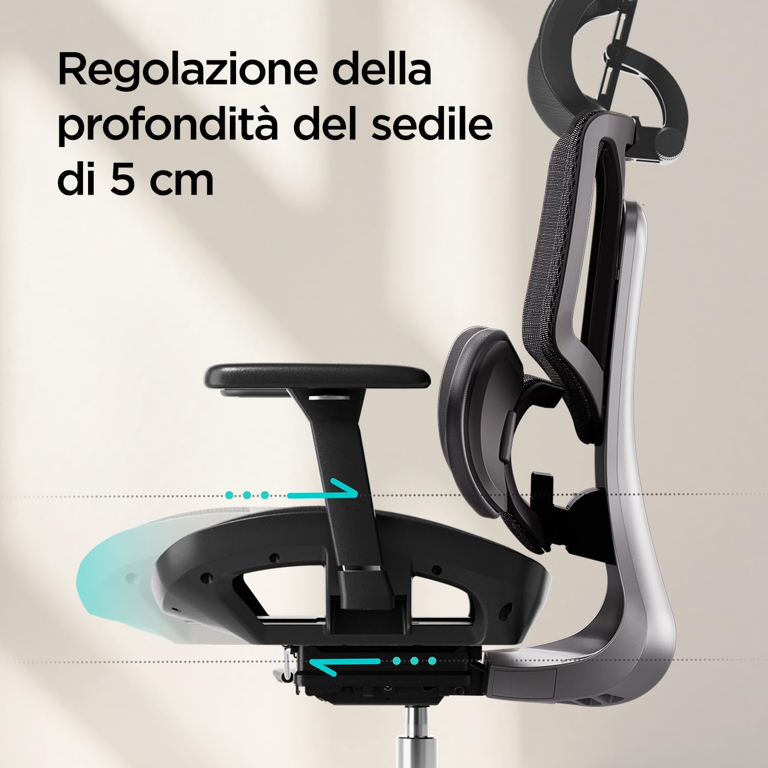 Side view of the Hbada E3 Air chair showing the seat depth adjustment mechanism