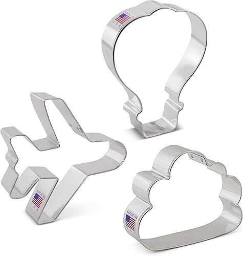 Miniatura 7 de Juego de 3 cortadores de galletas de viaje aéreo, fabricados en Estados Unidos por Ann Clark, avión, nube, globo aerostático