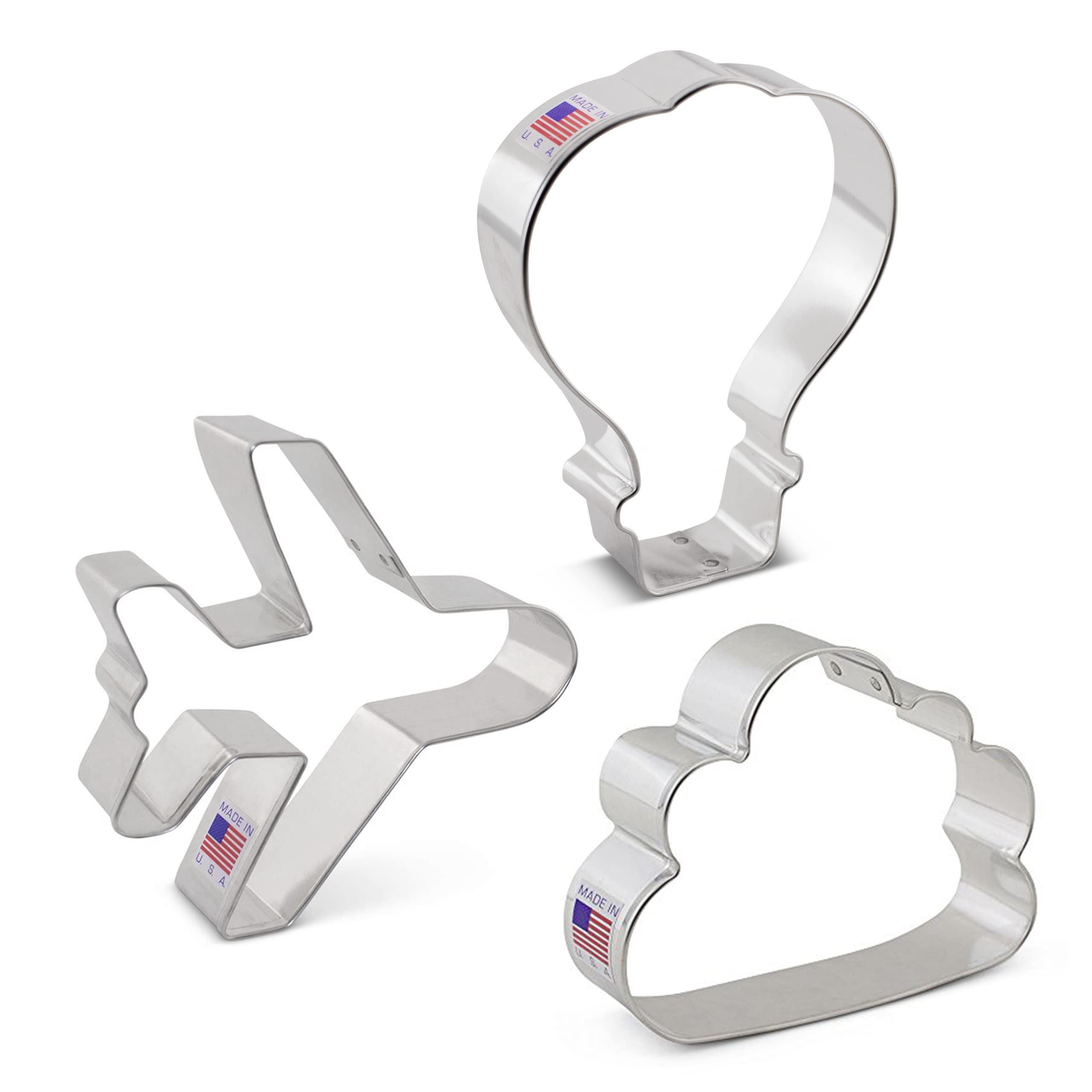 Ann Clark Cookie Cutters Juego de 3 cortadores de galletas transporte aéreo con libro de recetas, avión, nube y globo aerostático | Incluye: avión, nube y globo aerostático, tamaño y forma perfectos, del cortador de galletas más grande de Estados Unidos