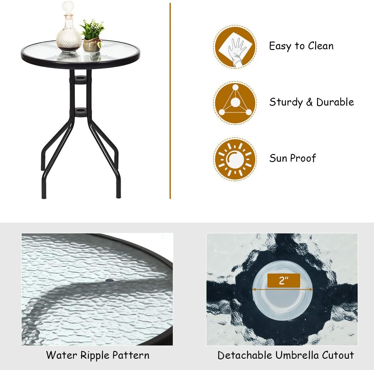 NYW 3 PCS Bistro Conversation Patio Pub Dining Set W/ 2 Folding Chairs & Glass Table