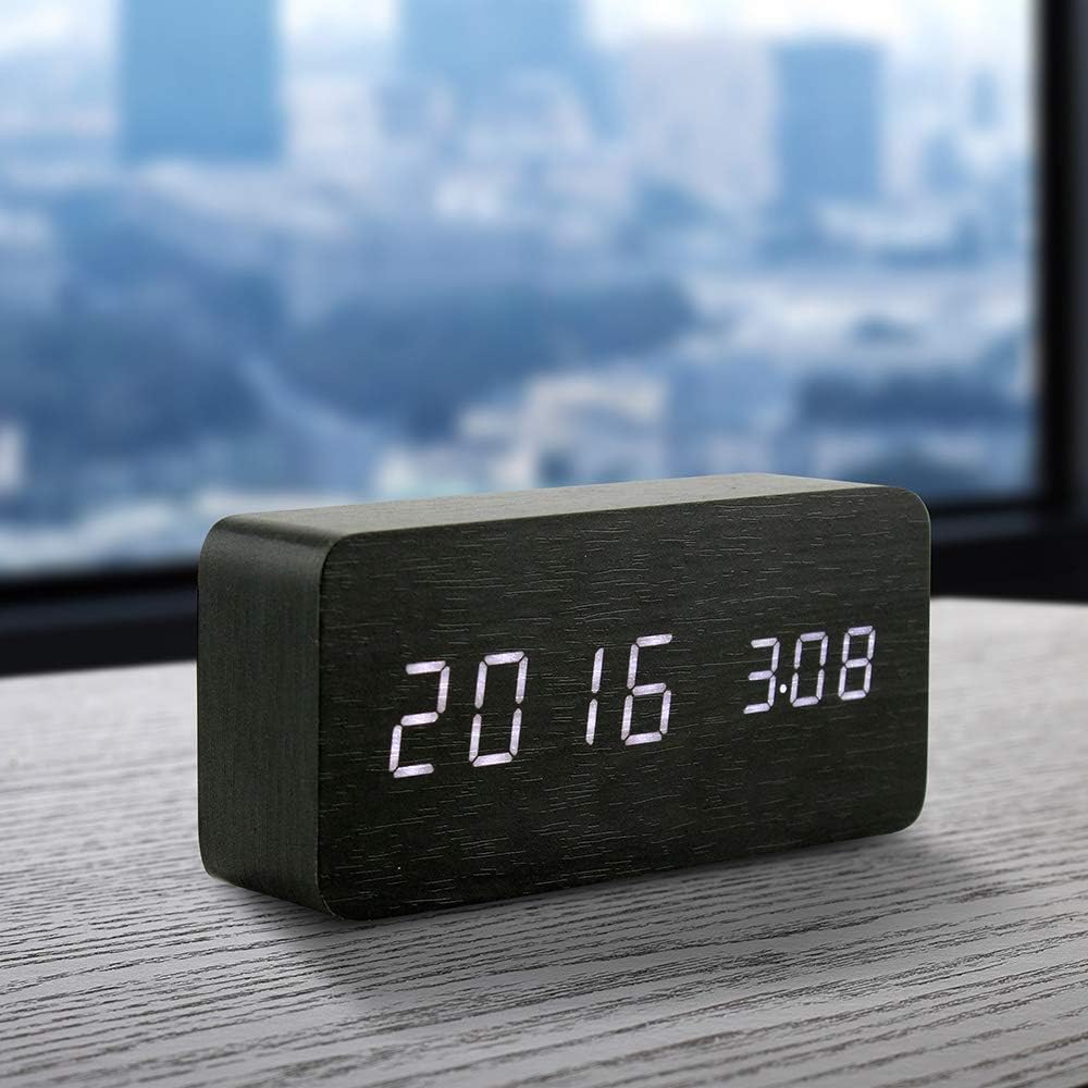 OCT17 Wooden Digital Alarm Clock, Multi-Function Smart Alarm Clock, LED Light Alarm Clock with USB Power Supply, Voice Control, Thermometer - Black