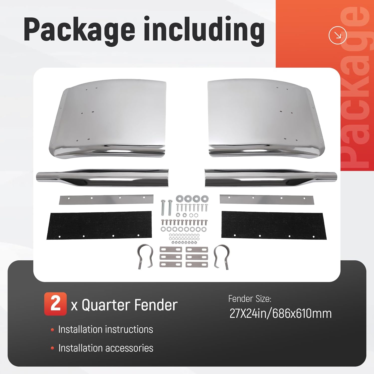 27" x 24" Quarter Fenders for Semi Trucks, Compatible with Freightliner Peterbilt Kenworth Volvo Mack, 304 Stainless Steel Mirror-Finished Fenders Right & Left