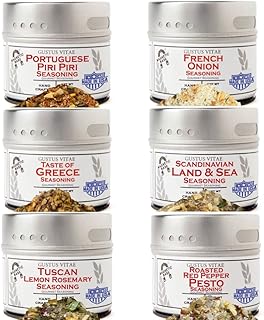 European Seasonings Gourmet Gift Set | Tastes of Europe | Artisanal Spice Blends Six Pack | Non GMO, All Natural | No MSG, Gluten, Soy, Nuts | Small Batch, Hand Made Seasonings | No Artificial Ingredients, Ultra Premium Spice Mixes | Made in USA | GLP-1 Friendly | Magnetic Tins | Gustus Vitae | #553