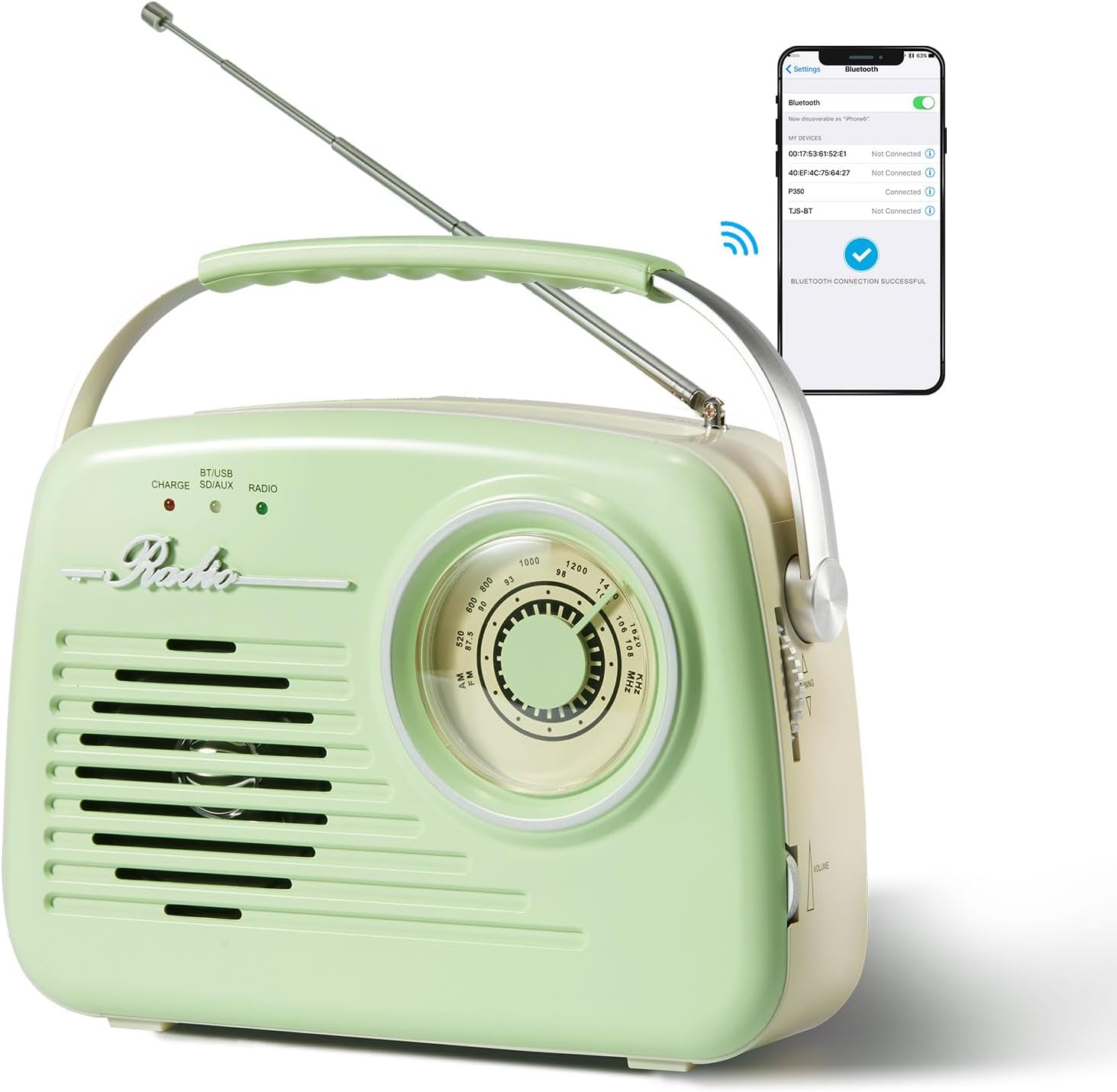 Portable Small Retro AM FM Radio, Battery Powered & Plug-in Wall, Vintage Radio with Bluetooth, Easy to Use Large Dial for Home/Outdoor/Christmas Seniors Gifts(Green)