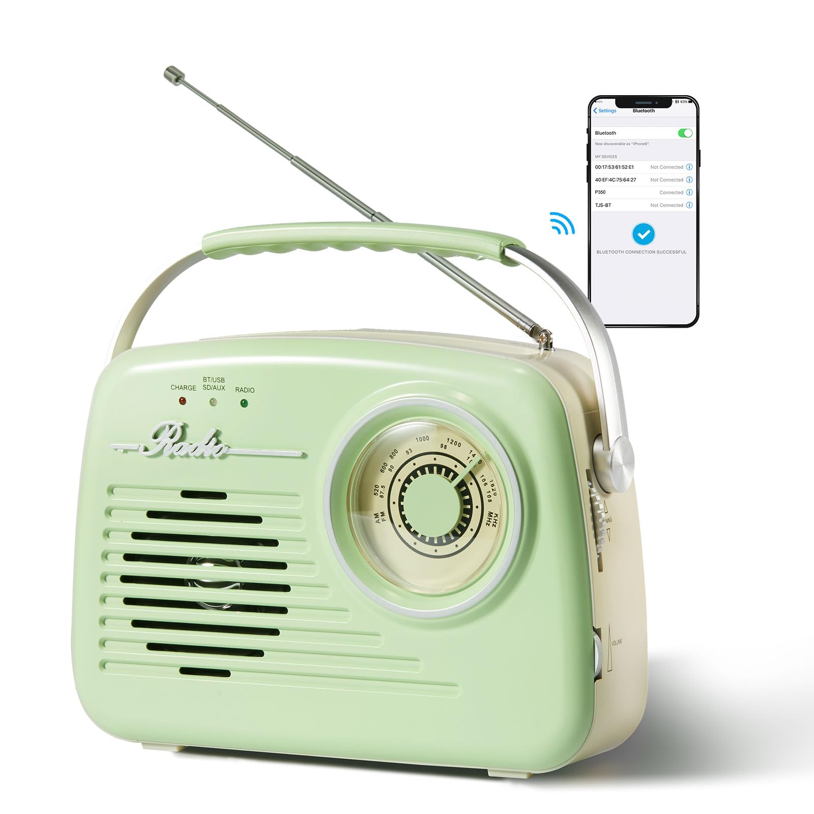 Portable Small Retro AM FM Radio, Battery Powered &amp; Plug-in Wall, Vintage Radio with Bluetooth, Easy to Use Large Dial for Home/Outdoor/Christmas Seniors Gifts(Green)