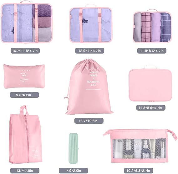 Packing Cubes for Suitcase,Geediar 9 PCS Travel Luggage Packing Organizers Waterproof Travel Essentials Bag Clothes Shoes Cosmetics Toiletries Bags(d-Pink)