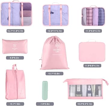 Packing Cubes for Suitcase,Geediar 9 PCS Travel Luggage Packing Organizers Waterproof Travel Essentials Bag Clothes Shoes Cosmetics Toiletries Bags(d-Pink)