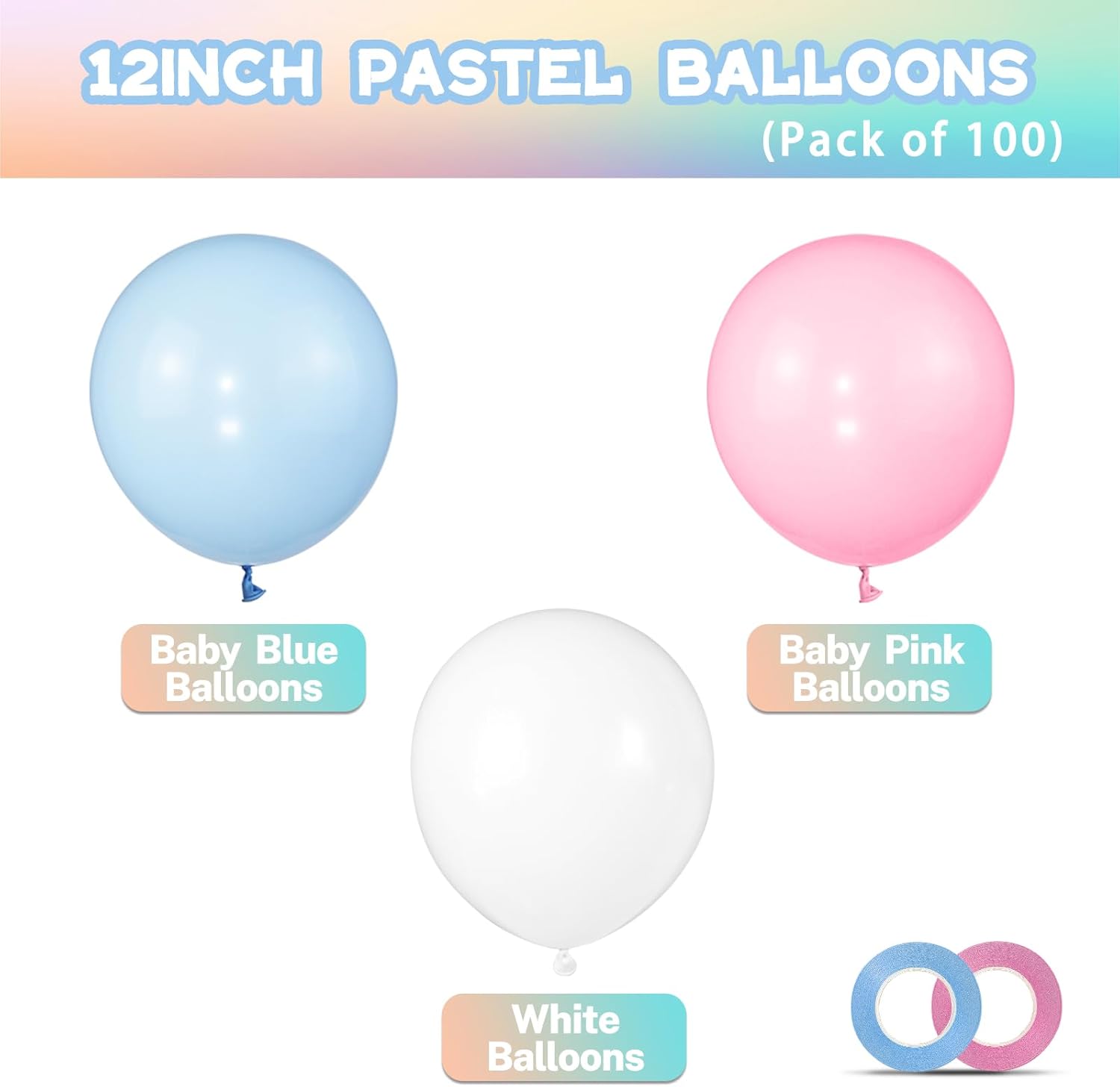 Pink and Blue Balloons 100 Pack 12 inch Pastel Pink Blue White Latex Party Balloons with 65ft Ribbon for Gender Reveal Baby Shower Birthday Bridal Shower Wedding Party Decorations Supplies - Image 2