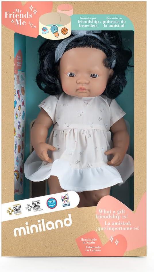 Miniland Baby Doll Hispanic Girl 15´´ inches in Box. Made in Spain with Vanilla Scent. Anatomically Correct. My Friends & Me Collection