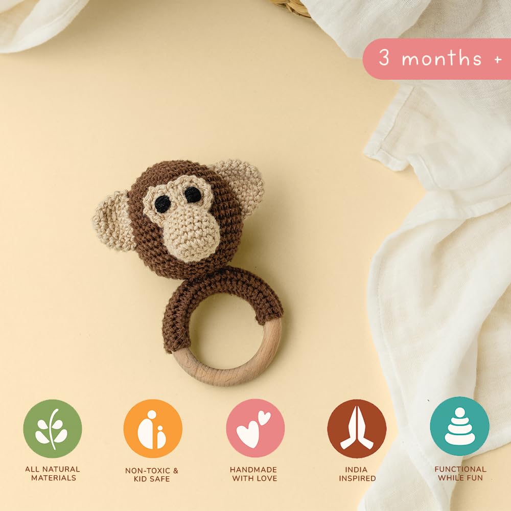 GUBBACHHI Maakad Crochet Monkey Rattle Toy | Cotton Crochet Doll with Natural Beechwood Ring | Rattling Sound | Handmade in India| Rattle for Babies | Discover Sounds & Explore Textures | 3 Months + 2 61o7DlZGh1L. SL1000