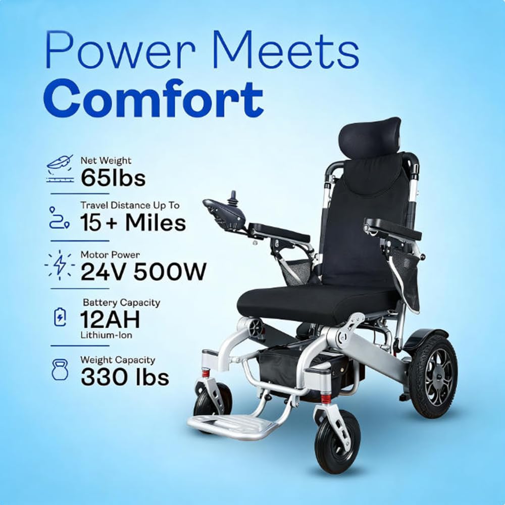 Silla de ruedas eléctrica ligera y reclinable, batería de iones de litio de 24 V y 12 Ah, plegable con control remoto, autonomía de más de 24 km, velocidad máxima de 6,4 km/h (Silla de ruedas)