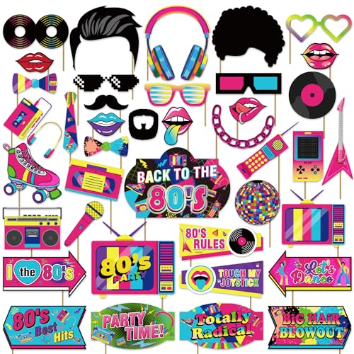 40 Pcs 80s Photo Booth Props 80s Party Decorations 80s Props 80s Birthday Party Decorations Disco Party Photo Booth Props