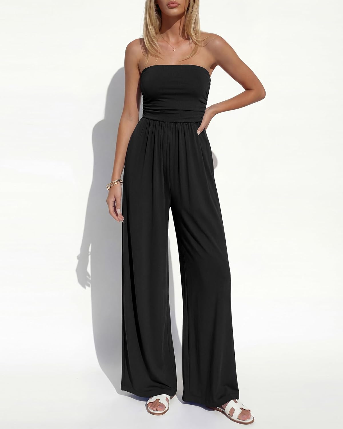 BTFBM Jumpsuits For Women Summer 2026 Beach Vacation Strapless Tube Top Jumpsuit Ruched Casual Wide Leg Pant Rompers - Image 8