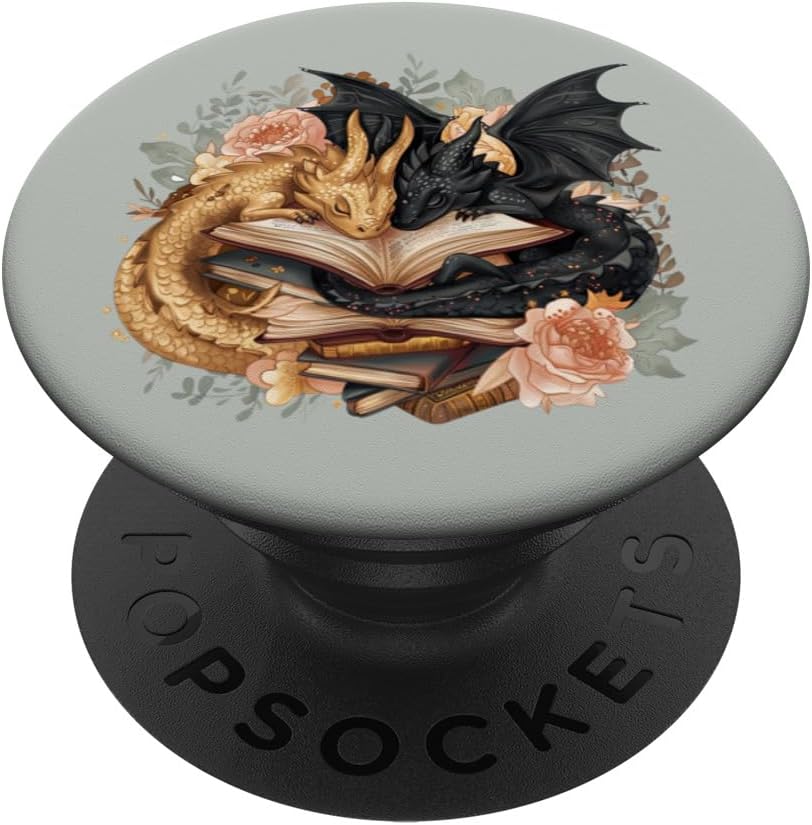 Cute Dragon Books Cottagecore Flower Bookworm Book Lover PopSockets Adhesive PopGrip