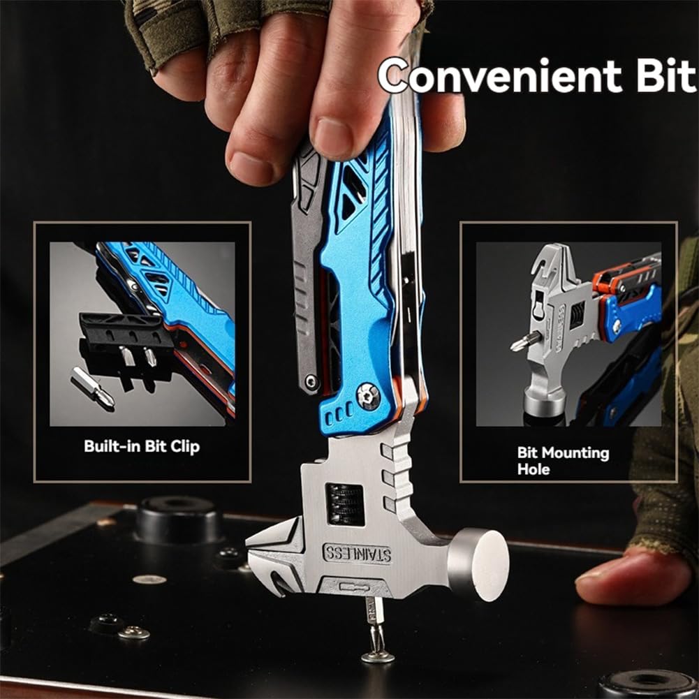 18 in 1 Multifunctional Wrench Hammer 60tools, Heavy Duty Stainless Steel Multitool Hammer with Adjustable Wrench & Pliers, Survival Kit and Camping Tools Gear,Practical Gift for Men Dad (Blue)