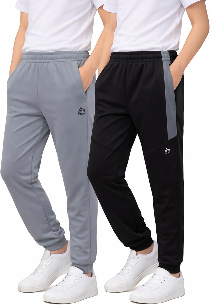 RBX Boys Sweatpants, 2-Pack Performance Joggers, Elastic Waist & Pockets | Soft Stretch Fabric, Reinforced Stitching, Tapered Cuffs for Gym, Recess & School, Fit Sizes 5 to 20