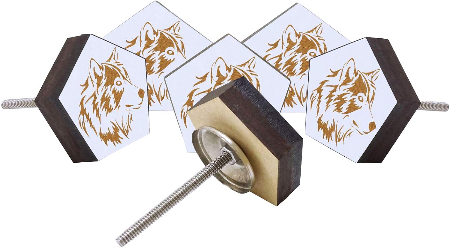White Wolf Animal Engraved Wooden Wardrobe Knobs Cabinet Drawer Pull 10 Pcs
