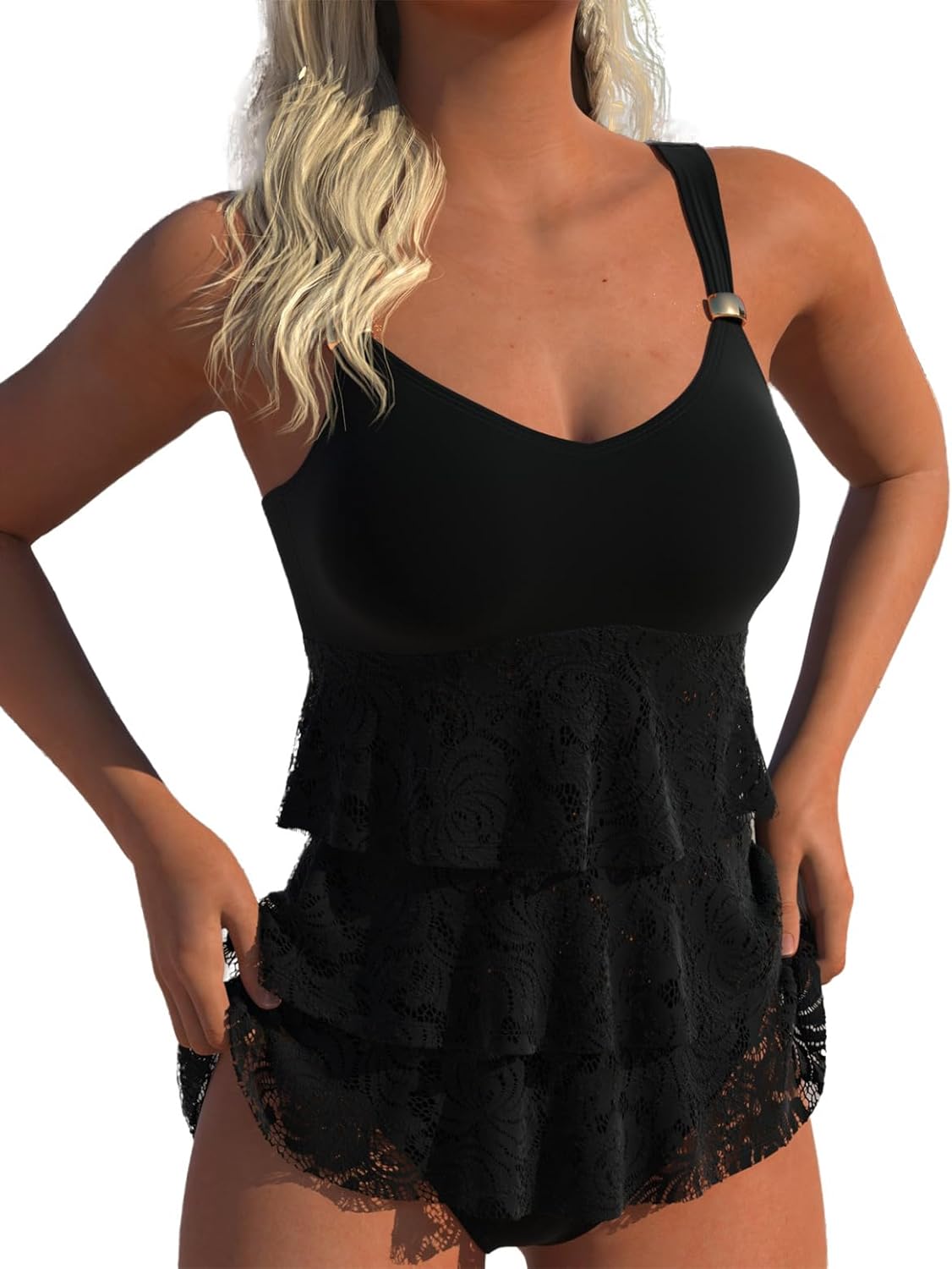 ROSEWE Womens Ruffle Tier Tankini Swimsuits, 2 Piece Set Swimwear, Bathing Suits with Mid Waisted Briefs