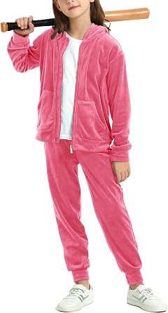 MessBebe Girls Sweatsuits Jogging Set Velour Tracksuit 2 Piece Outfits Zip Up Hoodies and Pants Sportswear Set 4-12 Years