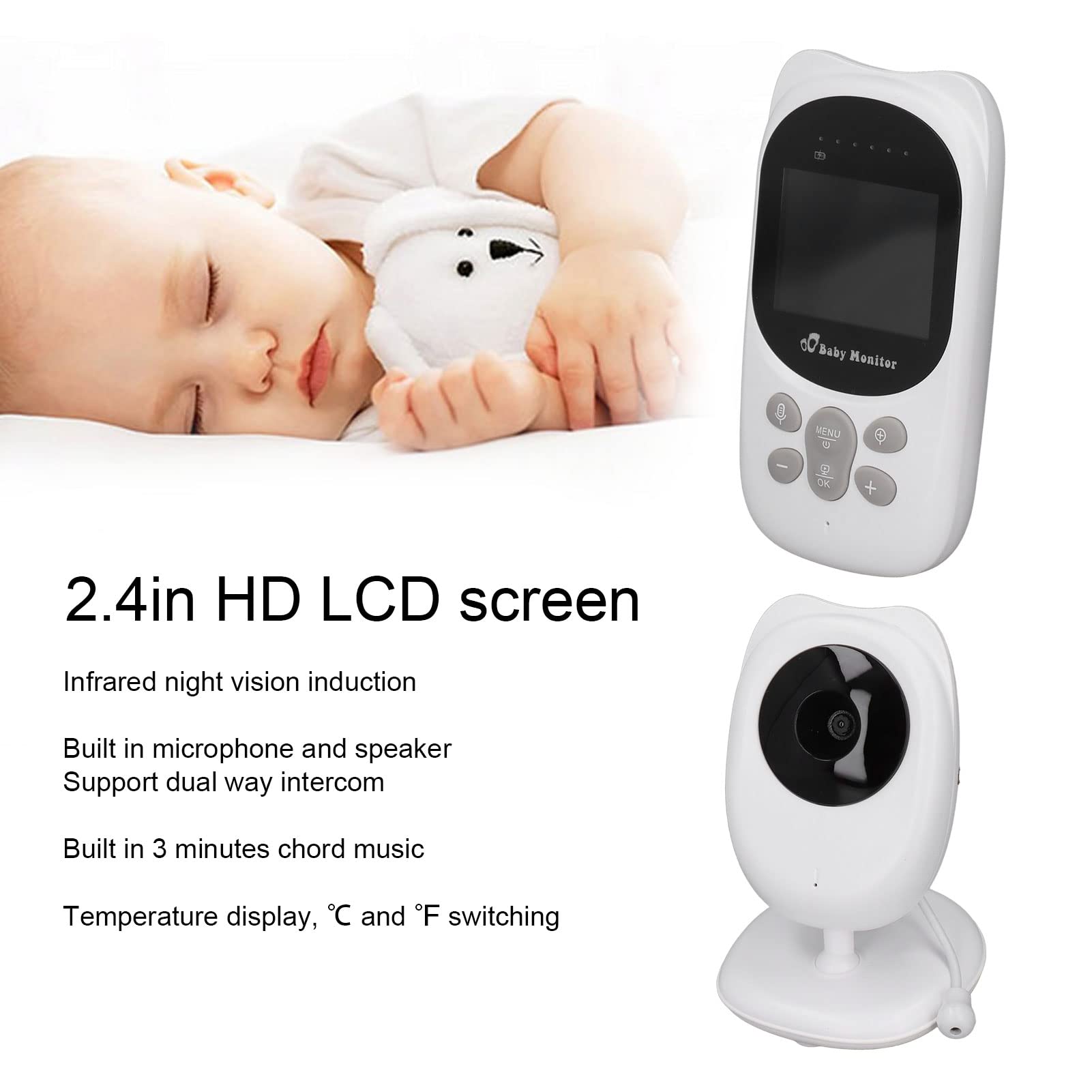 Baby Monitor, Schermo LCD HD da 2,4 Pollici Induzione a Infrarossi Citofono Bidirezionale Baby Camera Monltor, Funzione Musicale Visualizzazione Della Temperatura Ottica Infantile Baby Monitor(UE)