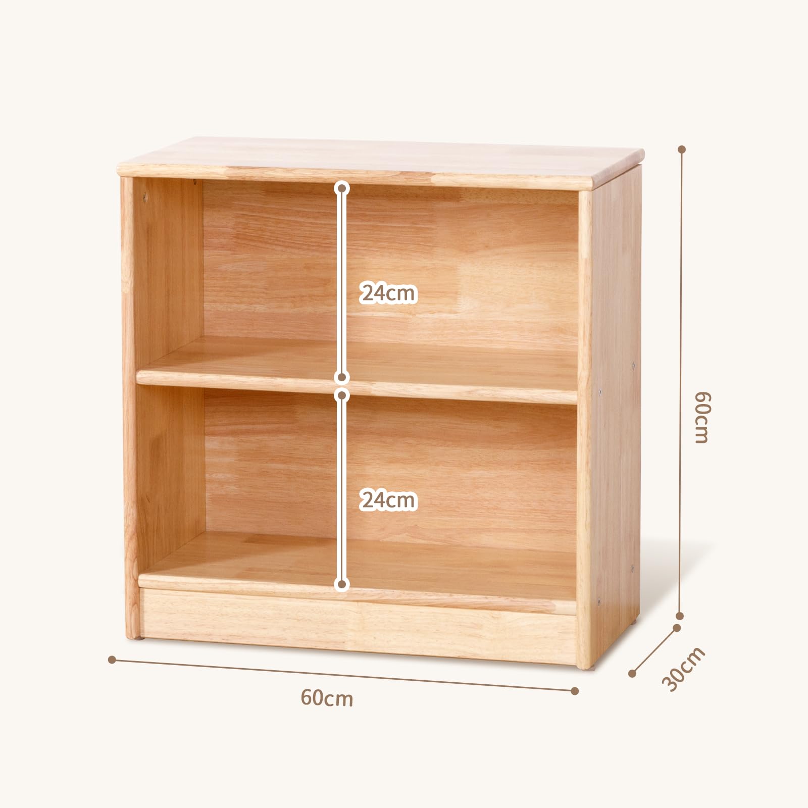 OOOK Estantería Montessori de madera de caucho, 60 cm de largo, compacta para niños pequeños, armario de almacenamiento de madera maciza con estantes para aulas, guarderías, habitaciones infantiles