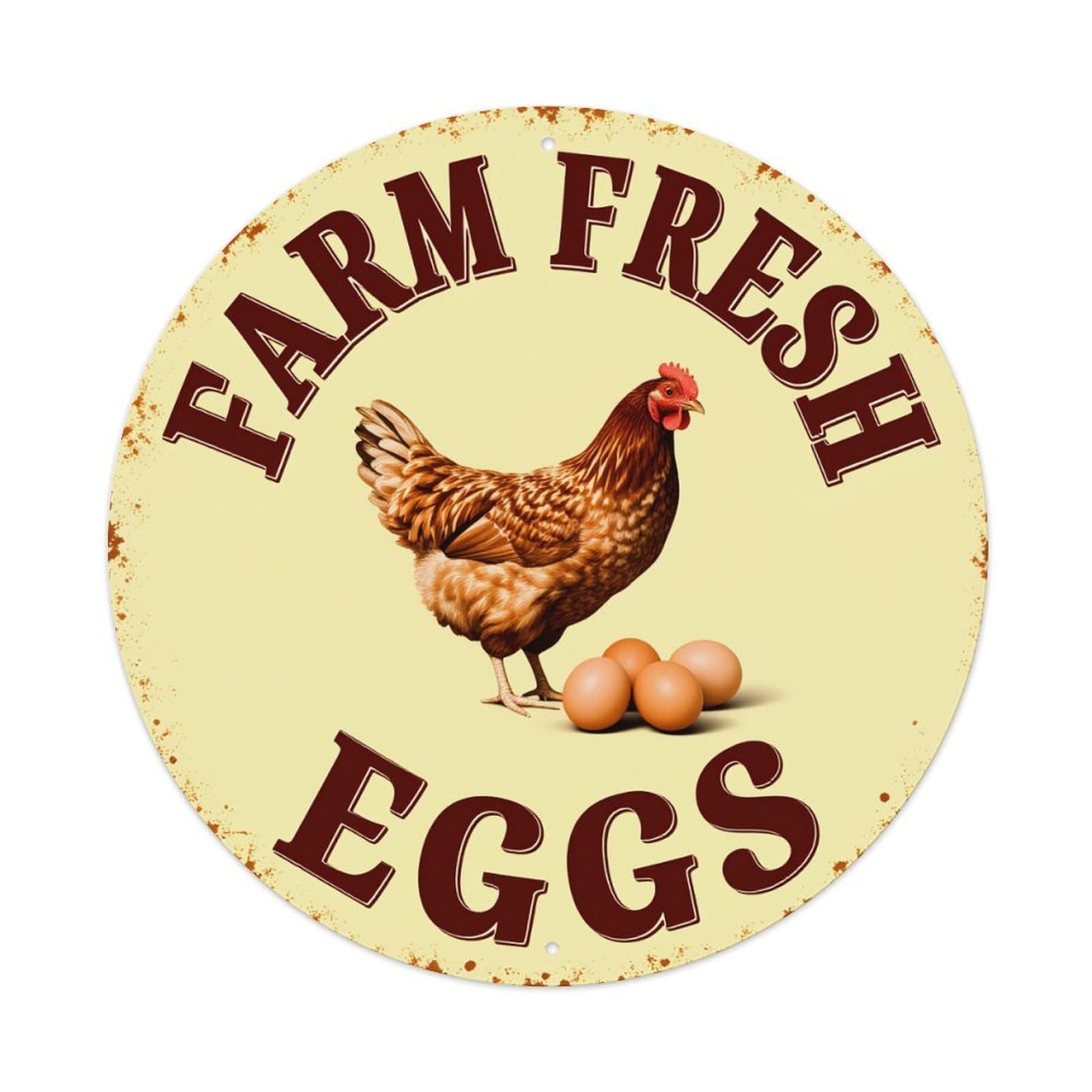 Wmlzdnwr Vintage Farm Fresh Eggs Chicken Pattern Print Round Tin Sign,Retro Wall Art,Metal Poster For Home, Bar, Garage, Cafe, Rustic Indoor & Outdoor Decor, 8X8 Inches