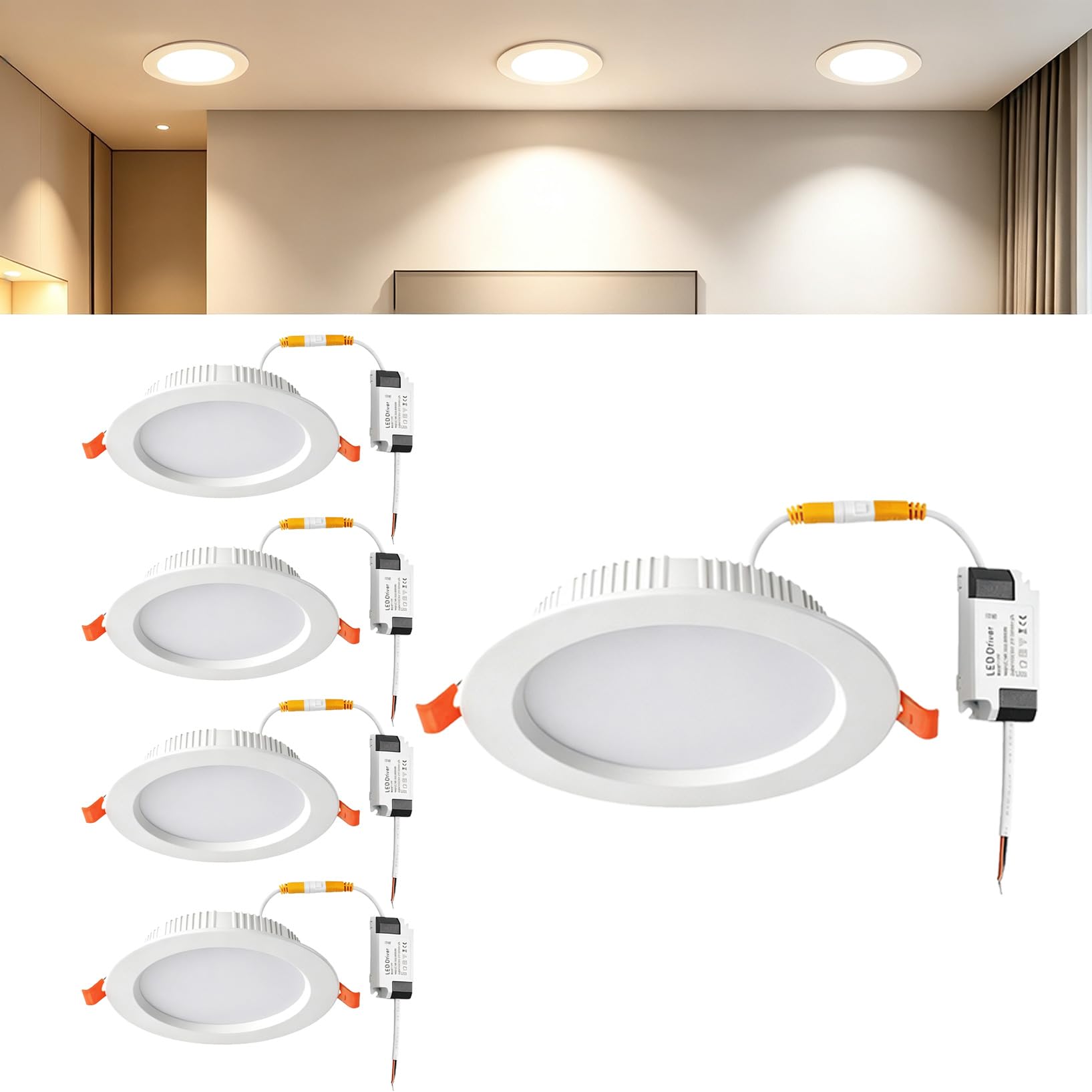 VOGHMOLD 9W LED Recessed Ceiling Lights, Cut Φ90-110mm, AC85-265V 4000K Flush Mount Flat Panel Downlight for Office, 5 Pack