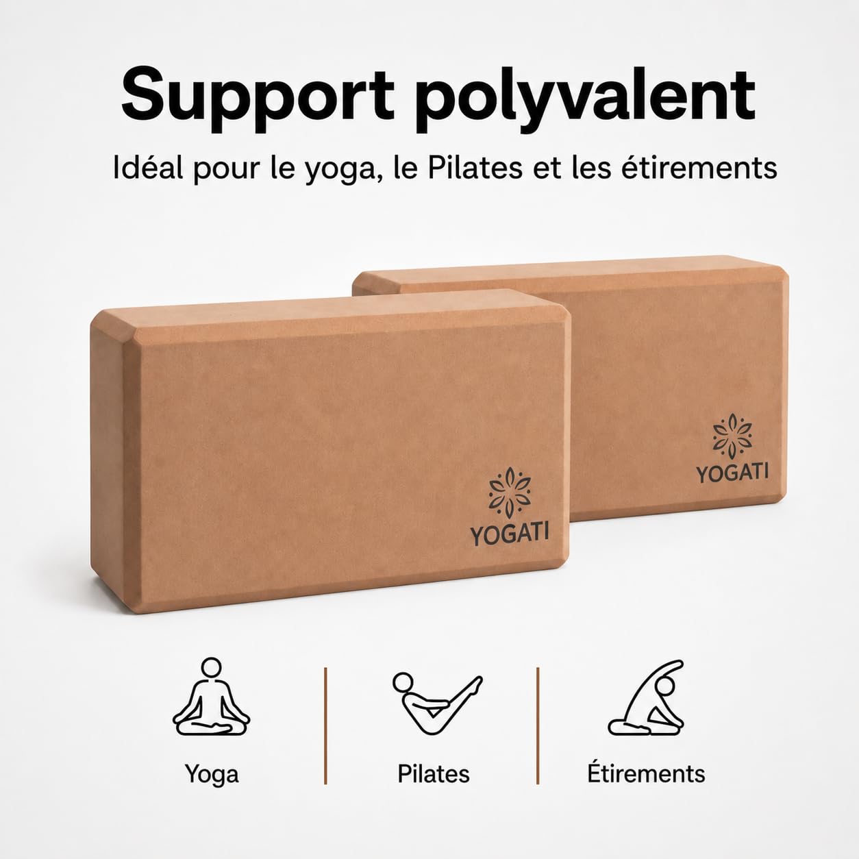 YOGATI® Blocs de Yoga en Mousse lot de 2 | Briques de yoga en Mousse EVA | Dimensions 22 X 12 X 7.5 Cm | Accessoire Yoga Antidérapant pour Pilates et Fitness | Yoga blocks set of 2