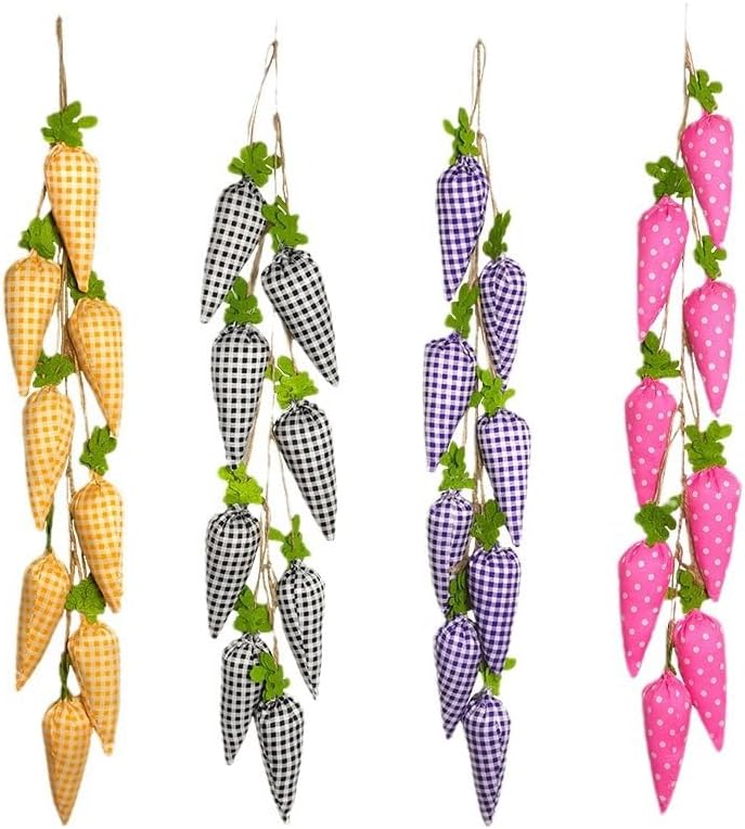 Fabric Carrot Ornaments Set, Gingham and Polka Dot Hanging Plush Decorations for Home, Party, Tree, and DIY Crafts (Pink)