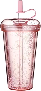 Double Wall Tumbler with Lid and Straw, 420ml/15oz Safe Insulated Cup with Straw, Leakproof Glitter Cups, Portable Water Bottle with and Lid for School Office, Style 1, Glitter Cups