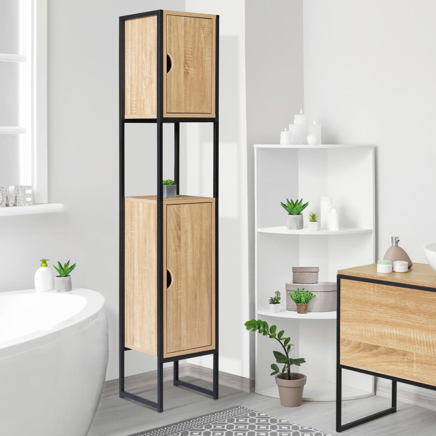 IDMarket - Meuble Colonne Salle de Bain Detroit 2 Portes 1 Niche Design Industriel
