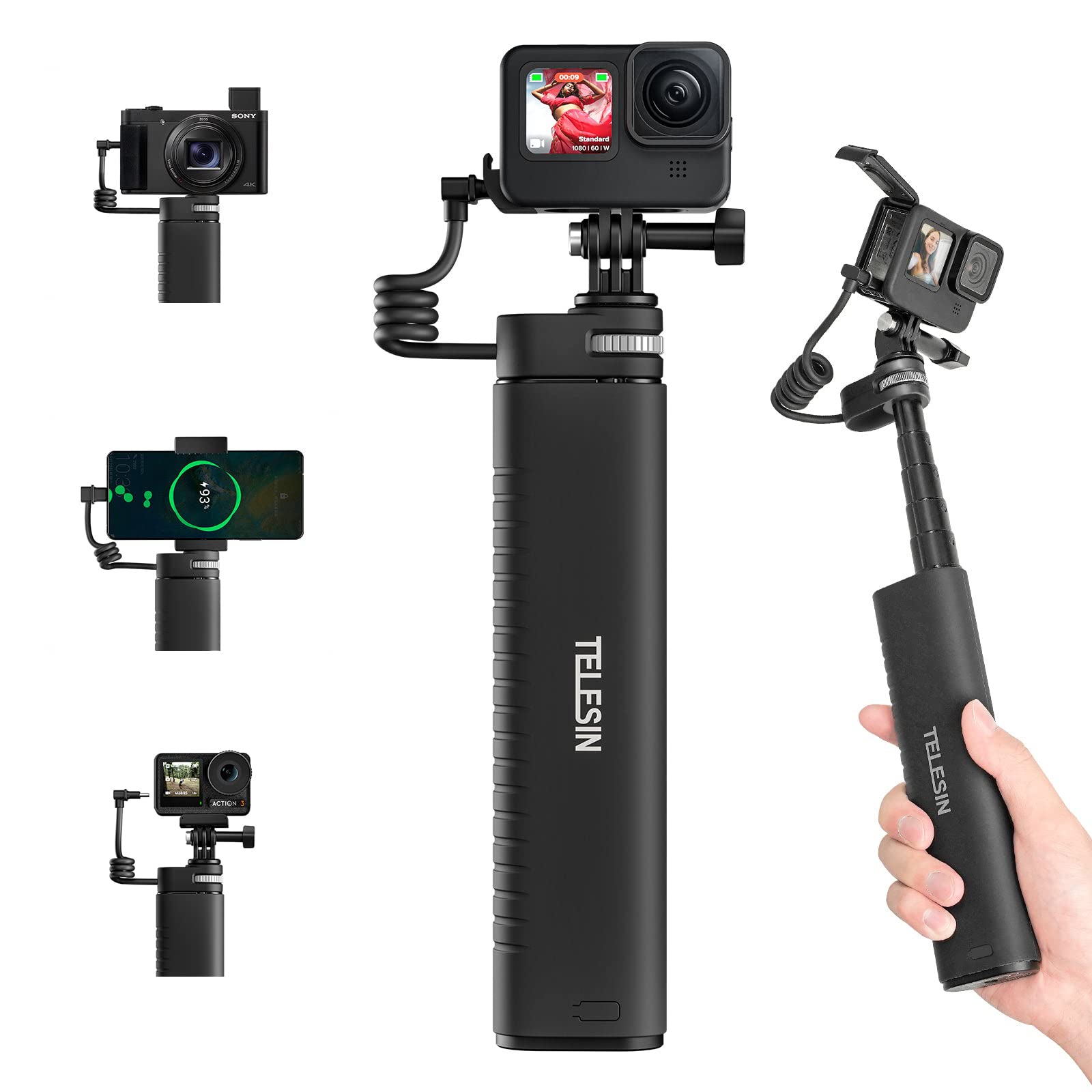 Rechargeable Selfie Stick 10000mAh Battery with USB-C Cable for Action Camera Mobile Phone
