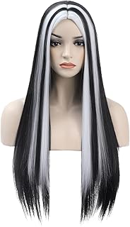Black White Wig Long Straight Black White Wigs for Women Girls Middle Part Heat Resistant Hight Density Synthetic Wigs