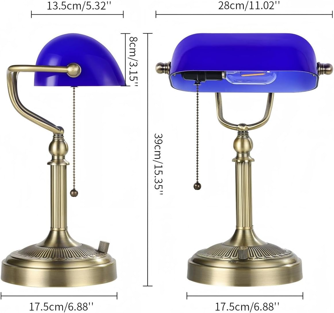 Newrays Blue Glass Bankers Desk Lamp, Stepless Dimmable Table Lamp Plug in Fixture for Study, Home Office, LED Bulb Included