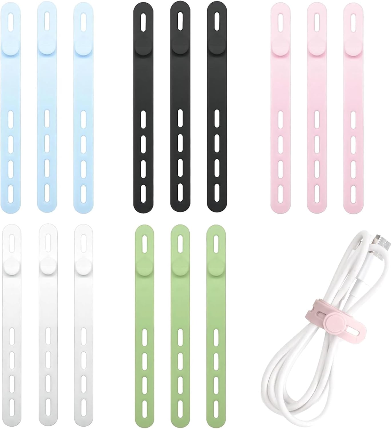 15Pcs Silicone Cable Ties Reusable,Silicone Cable Straps, Multipurpose Elastic Cord Organizer Wrap,Adjustable Cable Strap Tie for Bundling and Fastening Cable Cords Wires, Earphone, Phone Charger