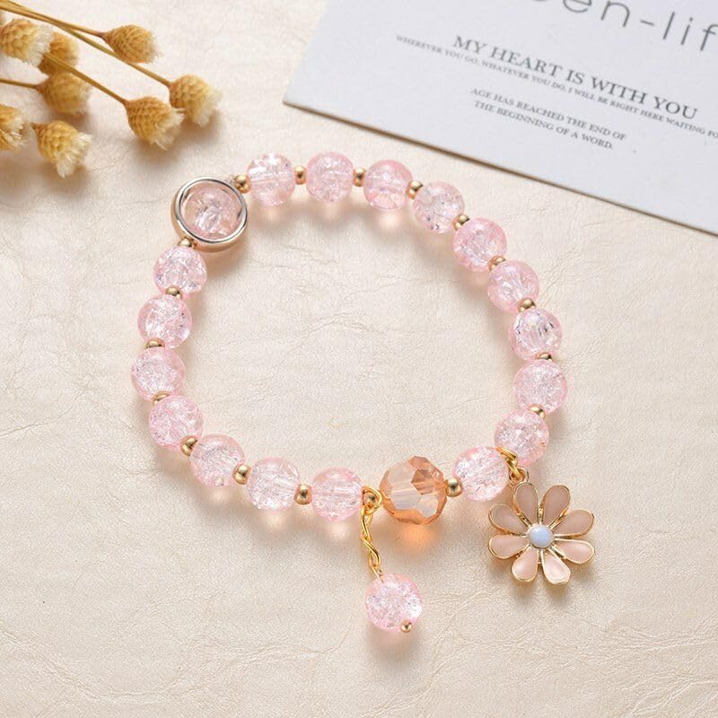 Image of El Regalo 1 PC Dailsy Flower Sparkly Crystal Beads Tassel Bracelet for Girls /Teens /Women- Cute Crackle Beads Daisy Flower Stretch Bracelet