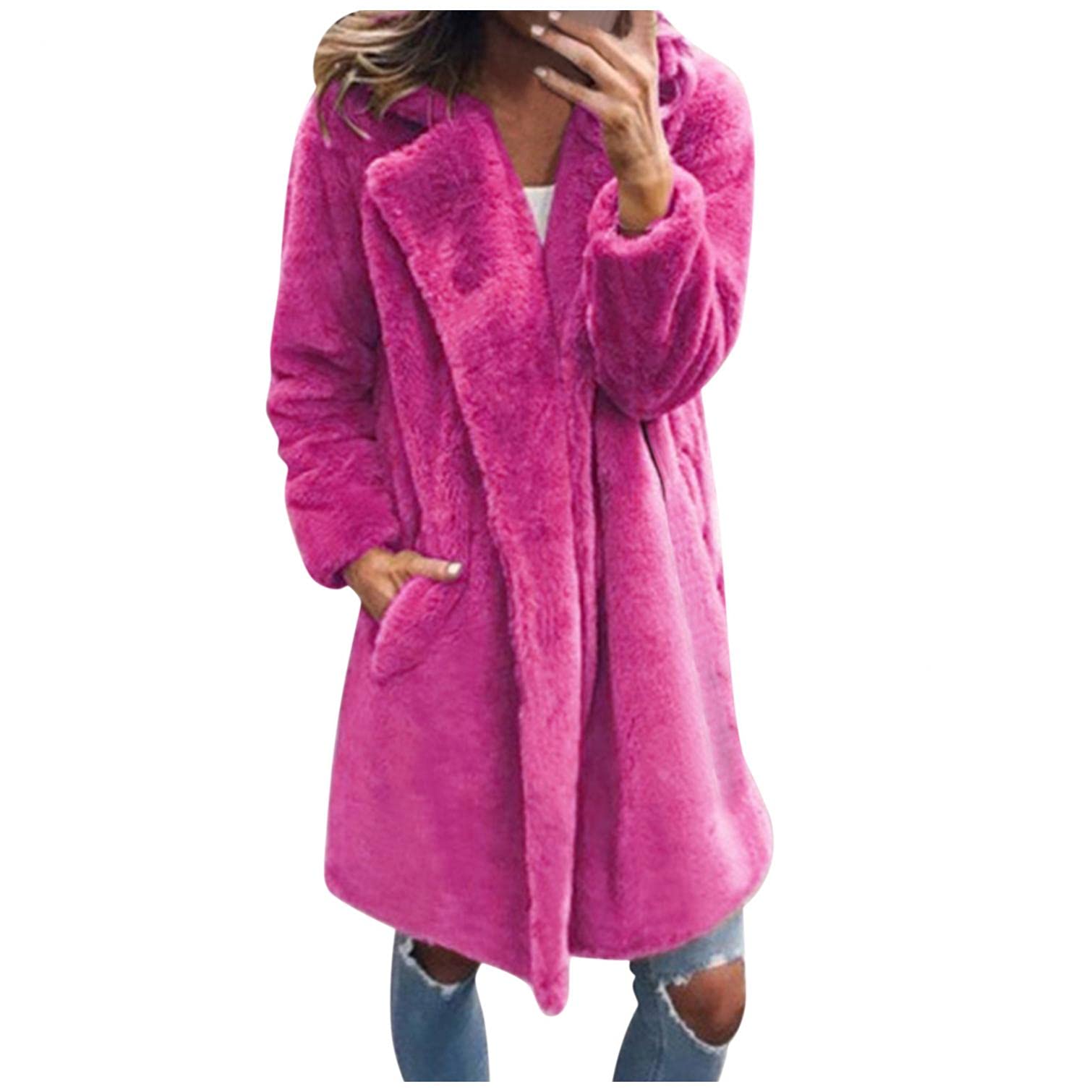 Buetory Women's Hot Pink Oversized Fuzzy Fleece Lapel Long Cardigan Coat Open Front Faux Fur Winter Warm Cozy Fluffy Teddy Outwear(,Medium)
