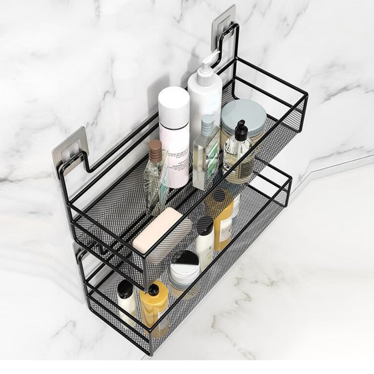 Cestino da Muro Bagno in Ferro Nero senza Foratura | Organizer Bagno Salvaspazio, Cestino Porta Oggetti da Appendere, Forte Portata